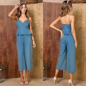 Denim Blue Striped Surplice Peplum Cami Jumpsuit